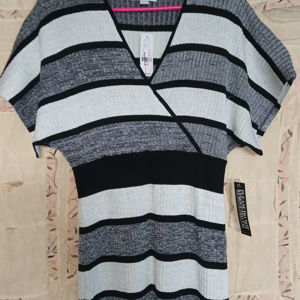 New York & Company Black and Silver Striped Dress Small